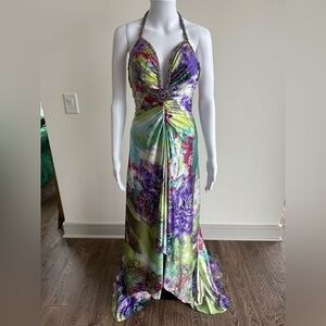 Jovani Jeweled Floral Print Halter Prom Dress